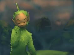 a cartoon character with green hair standing in the grass