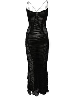 This Mugler dress features a mesh design and a ruched bodice. It has a stretch-design semi-sheer construction, a scoop neck, spaghetti straps, and a sleeveless design. The dress also features rear criss-cross straps, a boned bodice, a fitted waistline, and a mid-length silhouette. The dress is semi-sheer. Vintage Versace Runway Dresses, Mugler Mesh Dress, Sheer Dress Outfit Classy, Runway Fashion Summer, Mesh Dress Outfit, Birthday Dresses Ideas, Sheer Dress Black, Mugler Dresses, Mesh Black Dress