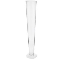 a tall clear glass vase on a white background with the bottom half turned to look like it is holding something