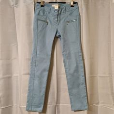 These Pants Have Cool Details, Including 4 Pockets In Front (2 Regular And 2 Zipper Ones That Are Just For Show) And 2 Interesting Pockets In Back. Piping Along Sides Of Pants. Seams Run From Back Pockets To Back Of Knees. Horizontal Seam Behind Knees. Diagonal Detail Stitching On Front Pockets. Nwot; Never Worn. Baby Blue. These Pants Are From The South Korean Subsidiary Of Ozoc, Which Is A Japanese Brand. Waist Is 14.5 Inches Wide. Inseam Is 27 Inches. Legs Are 5.75 Inches Wide At Bottom Hem. Casual Blue Pants With Zipper Closure, Full-length Cotton Pants With Zipper Closure, Full Length Cotton Pants With Zipper Closure, Stretch Blue Bottoms With Button Zip Fly, Blue Stretch Bottoms With Button Zip Fly, Blue Pants With Zipper Closure For Spring, Blue Spring Pants With Zipper Closure, Fitted Blue Pants With Button Zip Fly, Blue Straight Leg Bottoms With Zip Fly