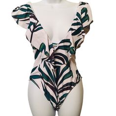 Zaful Green White Black Swimsuit Size M Brand New Condition White V-neck Tropical Swimwear, Summer Leaf Print Swimwear For Beach Season, Summer Leaf Print Swimwear For Vacation, Tropical Green Bodysuit For Vacation, Tropical Summer Bodysuit With Lined Body, Tropical Vacation Bodysuit With Lined Body, Tropical Bodysuit With Lined Body For Vacation, White Summer Bodysuit For Vacation, Summer White Bodysuit For Vacation