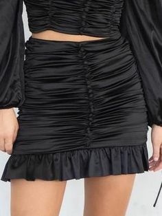 Frill Yeah Black Satin Ruched Skirt | sassy shortcake | sassyshortcake.com Black Satin Skirt, Satin Noir, Satin Skirt, Skirt Black, Black Media, Black Satin, No Frills, Leather Skirt, Satin