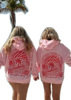 Everything Comes In Waves, Pink Puff Hoodie, Pink Palm Puff Hoodie Hibiscus, Pink Palm Puff Hoodie, Pinkpalmpuff Hoodies, Pink Graphic Print T-shirt For Surfing, Heather White, Oversized Hoodie, Brand Experience