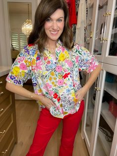 Bring a pop of color and a little whimsy to your closet with the Best and Brightest Floral Top. This easy-fit top showcases a playful floral print, collared neckline, and puffed sleeves. Pair it with your colored denim (or traditional blue denim) for a fun and versatile look. Perfect for teachers and office gals, this every day top is sure to help you stand out from the crowd. Top measures 24" in length. Bust measures 22" from underarm seam to seam. Measurements taken on a small. Fabric has no s Deodorant Stains, Scarf Hat, Puffed Sleeves, Colored Denim, Scarf Jewelry, Floral Top, Hat Hairstyles, Sales Gifts, Workout Tops