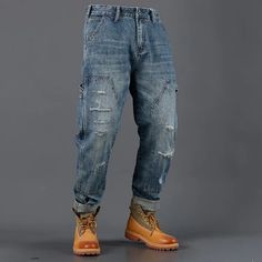 American Washed Ripped Loose Multi Pocket Straight Jeans Men's Cheap Jeans With Multiple Pockets, Cheap Men's Cargo Jeans With Side Pockets, Cheap Urban Men's Cargo Jeans, Affordable Men's Denim Blue Cargo Jeans, Rugged Distressed Blue Jeans, Men Clothes, Straight Jeans, Mens Outfits, Clothes