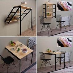 four pictures of different tables and chairs in various stages of being used to make a shelf