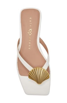 A metallic seashell shines at the vamp of a beach-ready flip-flop secured with a center toe post and grounded by a well-cushioned footbed. Memory foam cushioning Synthetic or synthetic and textile upper/synthetic and textile lining/synthetic sole Imported White Beach Sandals, Bridal Shoes Beach Wedding, Flip Flop Aesthetic, Beach Heels, Tropical Shoes, Fancy Flip Flops, Rainbow Heels, Fancy Sandals, Beach Wedding Shoes