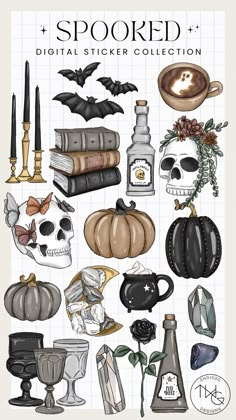 an image of halloween stickers with skulls, candles and books on them in black and white