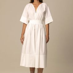 ANIA ORGANIC COTTON SHIRT DRESS IN WHITE White Cotton Dress With Pleated Waist, White Cotton Midi Dress With Pleated Waist, White Cotton Dress With Gathered Neckline, White Cotton Dress With Gathered Sleeves, White Cotton Dresses With Gathered Sleeves, White Summer Midi Dress With Gathered Skirt, White Gathered Skirt Midi Dress For Summer, White Daywear Dress With Gathered Neckline, White Midi Dress With Gathered Skirt For Summer