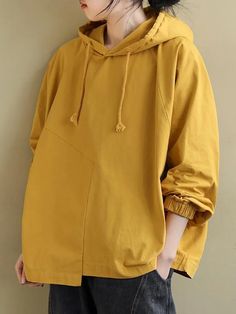 Artistic Retro Solid Color Split-Joint Hooded Long Sleeves Hoodies Spring Hooded Hip Hop Hoodie, Spring Hip Hop Hooded Hoodie, Spring Hip Hop Hoodie, Yellow Cotton Hoodie With Pockets, Oversized Yellow Casual Sweatshirt, Casual Yellow Crew Neck Hoodie, Yellow Hooded Tops For Spring, Spring Hip Hop Hooded Sweatshirt, Yellow Hooded Top For Spring