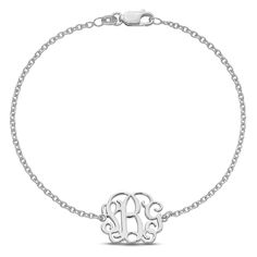 A cherished piece of personalized jewelry with this monogram bracelet. Designed in rhodium plated sterling silver, this signature bracelet holds a charm that may be scripted with your choice of maximum 3 initials in QGVineNew font. This 7.5-inch long and bracelet secures with easy to use lobster clasp. Sterling Silver Initials Bracelet For Personalized Gift, Classic Personalized Charm Bracelet For Anniversary, Personalized Sterling Silver Initials Bracelet, Classic Sterling Silver Personalized Charm Bracelet, Classic Personalized Sterling Silver Charm Bracelet, Personalized Classic Sterling Silver Charm Bracelet, Classic Sterling Silver Personalized Bracelet, Personalized Silver Charm Bracelet With Initials, Classic Engraved Charm Bracelet As Personalized Gift