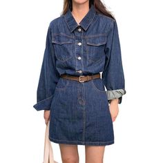 Revive the vintage charm of the classic 90s style with our long sleeve mini denim dress from the 2023 Spring-Summer Collection! This modern twist on a timeless wardrobe staple is crafted with exquisite finesse. designed to make you stand out.Why It's Destined to Be Your New FavoriteFeaturing a flattering A-line silhouette. this dress skims your curves for effortless style and comfort. The extended length and rock-washed medium wash add an air of grace. while the flare provides a playful touch. T Dark Wash Cotton Mini Denim Dress, Dark Wash Cotton Denim Mini Dress, Dark Wash Mini Denim Dress, Fall Denim Dress With Button Closure, Fall Mini Denim Dress With Button Closure, Dark Wash Mini Dress With Pockets, Fall Mini Length Denim Dress, Fall Mini Denim Dress, Casual Long Sleeve Mini Dress With Pockets