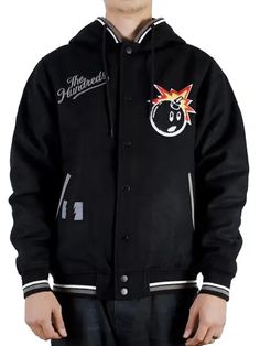 The Hundreds Black Letterman Jacket Varsity Hooded Jacket For Streetwear, Fall Streetwear Hooded Jacket With Adjustable Hood, Fall Hooded Jacket With Adjustable Hood For Streetwear, Varsity Hooded Hoodie For Winter, Winter Varsity Hooded Hoodie, Black Varsity Hooded Jacket With Long Sleeves, Varsity Hooded Jacket For Winter Streetwear, Winter Varsity Hooded Jacket For Streetwear, Varsity Hoodie For Winter