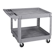 a gray plastic utility cart on wheels