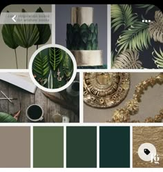 a collage of green and gold color palettes