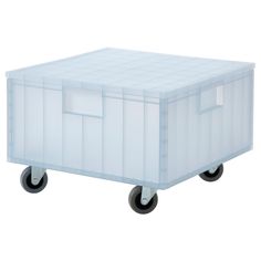 a plastic storage box with wheels on a white background