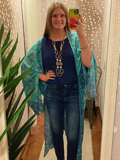 All the lovely blues in this kimono! Easy to add some instant style to your outfit.Size: M/LMaterial: 100% RayonThis kimono typically ships within 1 to 2 days.Shop Great Gifts at MainStreet Mercantile. Blue Tunic Kimono For Vacation, Blue V-neck Kimono For Spring, Blue Tunic Kimono For Spring, Blue Tunic Kimono For Festival, Blue Casual Kaftan With Kimono Sleeves, Blue Kaftan With Kimono Sleeves Free Size, Casual Blue Kimono For Festival, Blue Kaftan With Kimono Sleeves In Free Size, Blue Bohemian Long Kimono