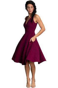 V-neck Midi Dress With Fitted Bodice, V-neck Fit And Flare Midi Dress For Cocktail, V-neck Fit And Flare Midi Dress, V-neck Sleeveless Dress With Flattering Silhouette For Party, Chic Midi Dress With V-neck And Flattering Cut, Flattering V-neck Sleeveless Dress For Party, Flattering Knee-length Party Dress, Flattering Cut Knee-length Party Dress, Flattering Cut Knee-length Dress For Party