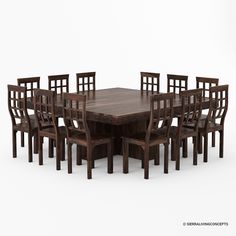 a large wooden table and chairs set up on a white surface with no people around it