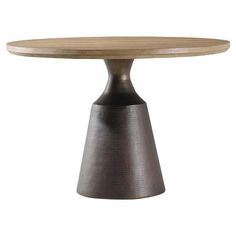 a round wooden table sitting on top of a metal base