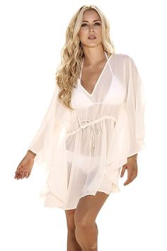 Sheer polyester chiffon beach or pool cover up in ivory or turquoise. - Long sleeve Grecian style - V-neck - Draw string waist with gold tone metal tie ends - Sizes: S(0-2), M(4-6), L(8-10), XL(12-14) - Made in Columbia - Free shipping Spring Beachwear Swim Dress For Beach Cover-up, Beige V-neck Beach Dress For Vacation, Beige V-neck Cover-up For Vacation, White Sheer Beachwear Cover-up, White Breezy Cover-up For Vacation, White Flowy Cover-up For Vacation, Flowy V-neck Swimwear For Beach Cover-up, Breezy V-neck Beach Cover-up, White Breezy Cover-up For Poolside