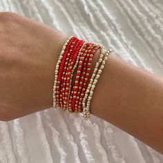 - Never Worn - Stack Of 10! - Super Cute For Game Day! Christmas Beaded Bracelets Patterns, Usa Beaded Bracelet, Christmas Stack Bracelets, Seed Bead Christmas Bracelets, Game Day Bracelets, Christmas Seed Bead Bracelets, Christmas Bead Bracelets, Western Beaded Bracelets, Red And White Bracelets