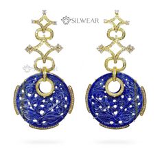 Elevate your elegance with these stunning Carved Lapis Lazuli Chandelier Earrings. Crafted with care in 925 sterling silver, these majestic danglers are perfect for weddings and special occasions. The lapis lazuli gemstones, intricately carved and set in a chandelier design, exude a regal aura. Make a statement with these fine gemstone earrings that blend timeless beauty with modern sophistication. CATEGORY : Chandelier Earrings STYLE : Contemporary METAL : 925 Sterling Silver GEMSTONES / DECORATIONS : Natural Lapis Lazuli with Cubic Zirconia. GROSS WEIGHT : 35 gms apx. DIMENSION : Length - 3.34 Inch/8.5 cms , Width - 1.77 Inch/4.5 cms. PLATING : 18kt Gold plated WEARING MECHANISM : Push & Post. ATTENTION : This is a comparatively heavy pair of statement earrings, designed for special occa Luxury Pierced Chandelier Earrings For Formal Events, Luxury Pierced Chandelier Earrings For Anniversary, Diamond Chandelier Earrings In Yellow Gold For Wedding, Yellow Gold Diamond Chandelier Earrings For Wedding, Wedding Chandelier Earrings In Yellow Gold With Diamonds, Wedding Yellow Gold Diamond Chandelier Earrings, Luxury Filigree Diamond Earrings For Wedding, Luxury Earrings For Receptions, Luxury Earrings For Reception