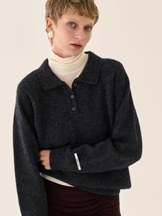 Composition : wool 100%Color : CHARCOALCountry of Origin : Republic of Korea Gray Cashmere Sweater With Ribbed Collar, Chic Wool Sweater With Ribbed Collar, Chic Wool Polo Sweater For Winter, Oversized Merino Wool Sweater With Ribbed Collar, Chic Winter Wool Polo Sweater, Winter Cashmere Polo Sweater With Fine Knit, Cozy Cashmere Polo Sweater, Fine Knit Cashmere Polo Sweater For Winter, Winter Fine Knit Cashmere Polo Sweater