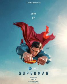 the poster for superman is flying through the air with his arms outstretched and eyes closed