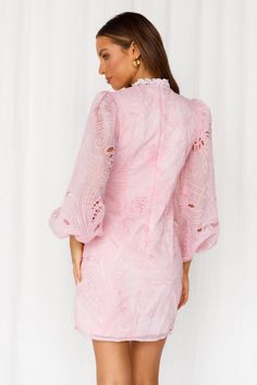 Length from shoulder to hem of size S: 81cm. Pink long sleeved dress. Partially lined. Cold hand wash only. Model is a standard XS and is wearing XS. True to size. Lightweight embroidered fabric; non-stretchy. High neck. Invisible back zip. Polyester. We all love to channel our inner class, and luckily the High Class Dress will do just that! Feel sophisctaed at your next fancy event with this high neck, long sleeve mini. Embroided with a beautiful design, this dress can be styled with natural heels and a natural makeup look. High Class Dress, Class Dress, Vestidos Color Rosa, Fancy Event, Work Capsule, Long Sleeved Dress, Grad Dresses, Sleeved Dress, High Neck Long Sleeve