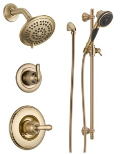 the shower faucet and hand shower head are shown in polished brass, with an overhead