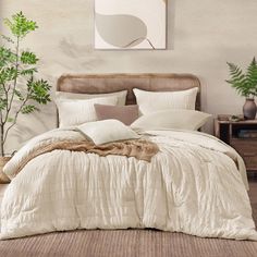 a bed with white comforter and pillows in a room next to a plant on the wall