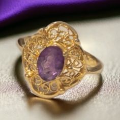 Gorgeous Vintage Amethyst Ring With 14kt Gold, Size 4.5 Vintage Amethyst Ring, Amethyst Ring Vintage, 5 Rings, Ring Color, Filigree Ring, Amethyst Ring, 14kt Gold, Purple Gold, Womens Jewelry Rings