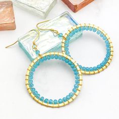 Blue Chalcedony Hoop Earrings - Gemstone Hoops - Simple Gold Hoops - Birthday Gift Blue Small Hoop Earrings With Wire Wrapping, Blue Wire Wrapped Hoop Earrings, Blue Wire Wrapped Round Hoop Earrings, Blue Hoop Earrings For Everyday, Blue Round Hoop Earrings For Everyday, Everyday Blue Wire Wrapped Hoop Earrings, Blue Wire Wrapped Hoop Earrings For Everyday, Blue Nickel-free 14k Gold-filled Hoop Earrings, Blue 14k Gold Filled Hoop Jewelry