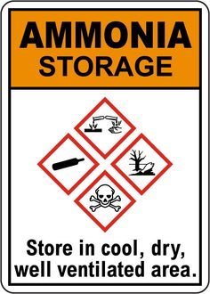 an orange and white sign with black words stating that store in cool dry, well ventilated area