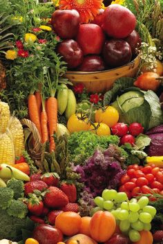 many different types of fruits and vegetables are grouped together in this image, including apples, carrots, corn, broccoli, tomatoes, squash, and more