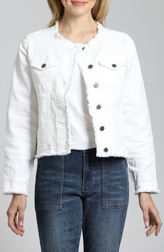 A fun update to a classic style, this stretch-denim jacket features softly frayed edges and a fitted, collarless silhouette for casual-chic layering. Front button closure Collarless Button cuffs Chest button-flap patch pockets 70% cotton, 28% polyester, 2% elastane Machine wash, tumble dry Imported Asian & Pacific Islander Owned/Founded Fitted Cotton Outerwear With Frayed Hem, Fall Cotton Denim Jacket With Frayed Hem, White Denim Jacket With Frayed Hem, Cotton Denim Jacket With Frayed Hem For Fall, White Denim Jacket With Frayed Hem For Fall, Chic Cotton Outerwear With Frayed Hem, White Cropped Denim Outerwear, Casual White Cropped Denim Jacket, White Cropped Denim Jacket For Spring