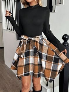 Women Casual Colorblock Plaid Patchwork Long Sleeve Mini Dress, Basic Autumn/Winter Outfit Multicolor Casual  Long Sleeve Knitted Fabric Colorblock,Plaid,Plain A Line High Stretch Fall,Fall/Winter Women Clothing, size features are:Bust: ,Length: ,Sleeve Length: Fashion Tights, Mini Dresses For Women, Plaid Fashion, Long Sleeve Mini, Long Sleeve Mini Dress, Fashion Details, Long Sleeve Knit, Winter Outfit, Swing Dress