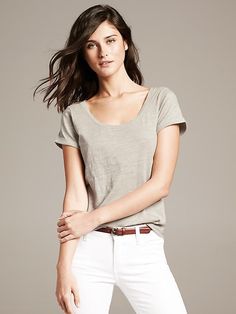 Slub-Knit Cuffed Tee | Banana Republic Casual Scoop Neck Tops For Everyday, Casual Summer Short Sleeve Top, Casual Solid Color Tops With Rolled Sleeves, Casual Tops With Rolled Sleeves, Casual Summer T-shirt With Scoop Back, Basic Relaxed Fit Short Sleeve Top With Scoop Neck, Basic Short Sleeve Top Relaxed Fit Scoop Neck, Relaxed Fit Scoop Neck T-shirt, Casual Short Sleeve Top With Rolled Sleeves