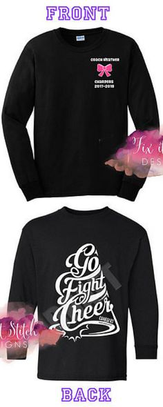 the back and front of a black long sleeved shirt with white lettering on it