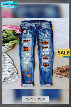 Trendy Ripped Multi Graphic Straight Denim Pants Distressed Cropped Jeans For Fall, Trendy Distressed Bottoms For Fall, Mid-rise Distressed Bottoms For Fall, Trendy Distressed Pants For Fall, Fall Patchwork Straight Leg Jeans, Ripped Medium Wash Cropped Jeans For Fall, Fall Patchwork Medium Wash Bottoms, Casual Distressed Bottoms For Fall, Distressed Mid-rise Jeans For Fall