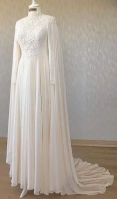 Chiffon Long Sleeves Muslim Wedding Dresses for Bride with Cape Lace Appliques | eBay Chiffon Mother Of The Bride Dress With Long Sleeves, Chiffon Long Sleeve Mother Of The Bride Dress, Chiffon Floor-length Wedding Gown, Floor-length Chiffon Gown For Wedding, Chiffon Floor-length Gown For Wedding, Floor-length Chiffon Dress For Wedding, Chiffon Mother Of The Bride Floor-length Dress For Wedding, Elegant Georgette Wedding Gown, Wedding Gown With Fitted Bodice In Chiffon