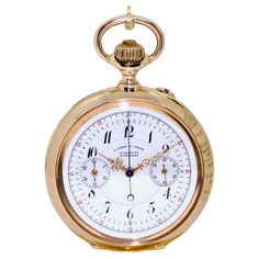 This exquisite and rare pocket watch from A. Lange & Söhne represents an extraordinary combination of historical craftsmanship and timeless elegance. Manufactured around 1898, it embodies the high art of Saxon watchmaking tradition. The heart of this precision pocket watch is the high-quality chronograph movement caliber 43, which is still fully functional today and thus bears witness to the quality and durability of the masterpiece. The movement is housed in a magnificent 18 carat gold case in the shape of 'Lucia', which weighs a total of 110 grams. The back of the case is adorned with an artfully crafted relief monogram, which gives the piece an individual touch. Case diameter WITHOUT crown and eyelet: 53.5 mm. The white enamel dial features the characteristic Empire numbers, which guara Antique Clocks, Gold Case, High Art, Pocket Watch, Vintage Watches, Chronograph, Timeless Elegance, Gold