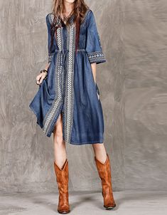 Women's Denim Dress High End Tribal Embroidery Floral V-Neck Mid Sleeve Western Style Cowgirl Dress Embroidered Bohemian Denim Dress, Blue Bohemian Denim Dress For Fall, Bohemian Blue Denim Dress For Fall, Denim Blue Bohemian Long Sleeve Dress, Bohemian Long Sleeve Cotton Denim Dress, Bohemian Long Sleeve Denim Blue Dress, Long Sleeve Bohemian Denim Dress, Bohemian Long Sleeve Denim Dress For Spring, Bohemian Long Sleeve Denim Dress