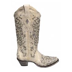 Style number: A3322 White leather foot & shaft. Glitter inlay/crystal detail. Snip toe. Single stitch welt. Leather lining. Cushioned/leather insole. Leathe Sparkly Cowgirl Boots White, Western Glitter Boots With Round Toe, White Turquoise Cowgirl Boots, Western White Embellished Boots, Corral White Glitter Boots, Crystals Wedding, Wedding Boots, Glitter Letters, Glitter Eyes