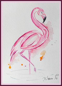 a watercolor painting of a pink flamingo