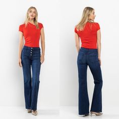 Mid Rise Ultra Stretch Dark Wash Center Seam Trouser Button Fly Denim Flare Jeans 77% Cotton 12% Polyester 9% Rayon 2% Spandex Leg Opening: 20" Front Rise: 9 1/2" Inseam: 32" Knee: 14 1/2" Based On Photo. Model Is 5'11" And Is Wearing A Size 26. 2241 Blue Mid-rise Flare Jeans With Button Closure, Trendy Mid-rise Flare Jeans With Buttons, Mid-rise Denim Blue Bottoms With Snap Buttons, Mid-rise Denim Flare Jeans With Buttons, Medium Wash Wide Leg Bottoms With Snap Buttons, High Rise Dark Wash Flare Jeans With Button Closure, Mid-rise Denim Blue Flare Jeans With Buttons, Casual Medium Wash Flare Jeans With Button Closure, Mid-rise Flare Jeans With Buttons In Denim Blue