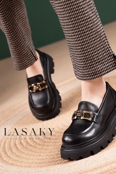 Lasaky - Premium Authentic Leather Loafers with Durable Soles in Classic Vintage Design Fall Closed Toe Flats With Metal Feet, Spring Leather Shoes With Metal Feet And Round Toe, Office Leather Shoes With Metal Feet And Round Toe, Fall Office Slip-ons With Round Toe, Casual Platform Loafers With Metal Feet, Casual Closed Toe Platform Loafers With Metal Feet, Office Slip-ons With Leather Footbed And Round Toe, Round Toe Moccasins For Office In Spring, Office Moccasins With Round Toe For Spring