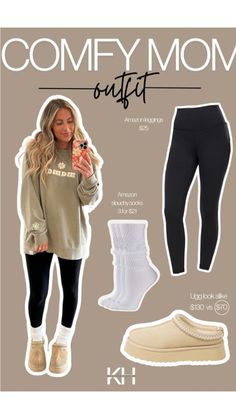 Comfy Cool Fall Outfits, Mom Outfit Leggings, Mama Sweatshirt Outfit, Women’s Ugg Slippers Outfit, Fall Outfits With Ugg Tasman Slippers, Ugh Moccasins Outfit, Comfy Legging Outfits Spring, Sweatshirts And Leggings Outfit, Fall Outfit Ideas For Women Casual