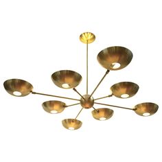 a brass chandelier with eight lights hanging from it's center and four circular shades on each side